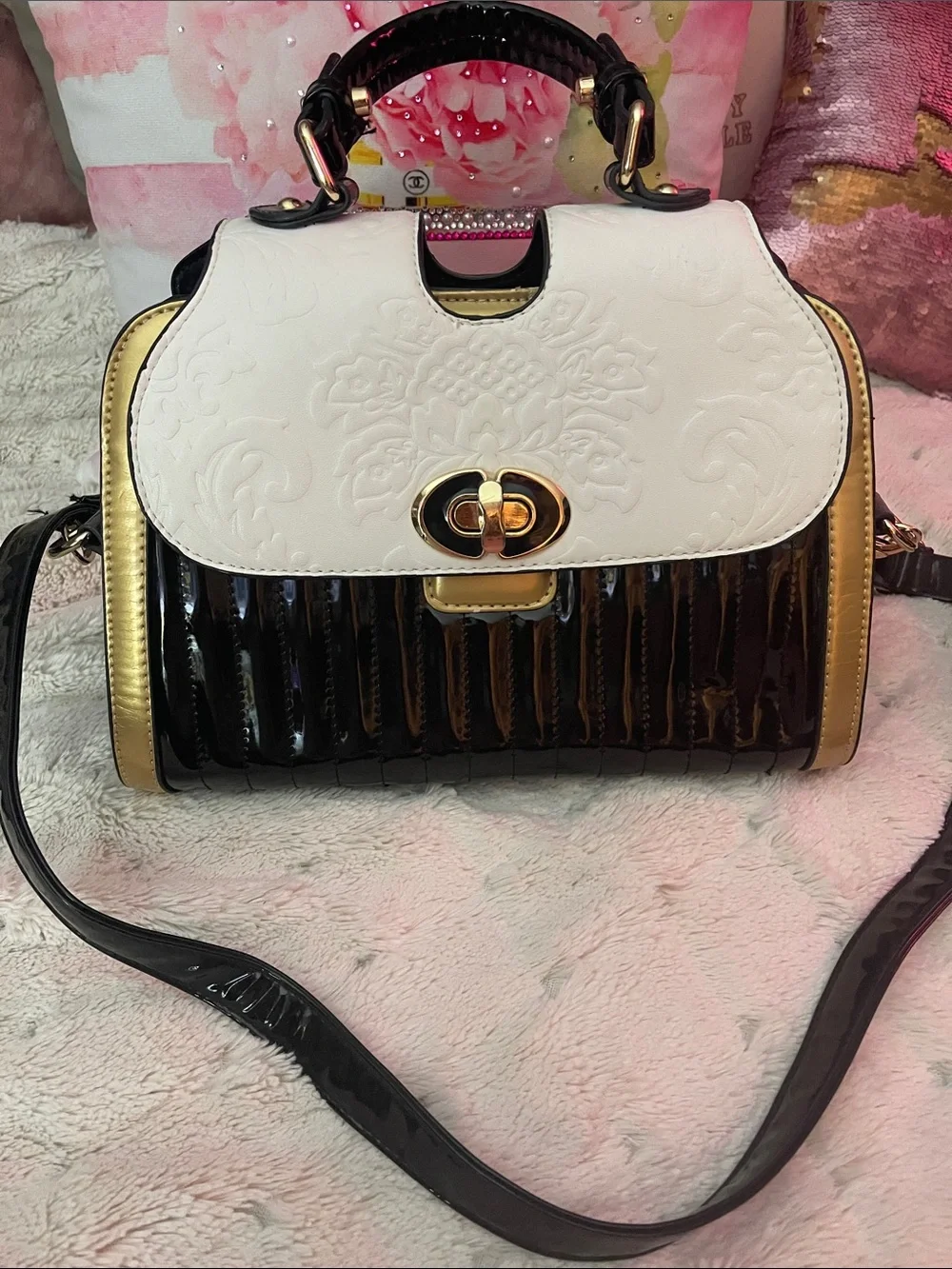 Elegant Black, White & Gold Women's Satchel Handbag